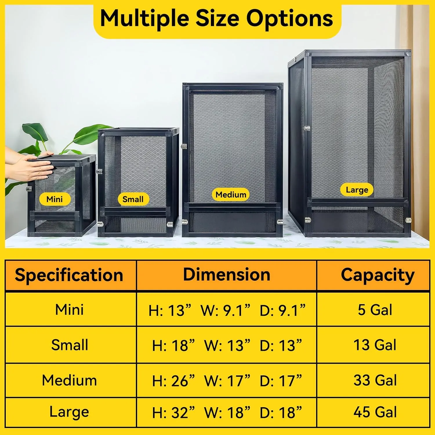 13 Gallon 360 Panoramic Foldable Reptile Terrarium Kit: Crested Gecko Tank and Reptile Cage for Superior Ventilation, Easy Feeding, Sturdiness, and Simple Assembly (Black, 18"x13"x13")