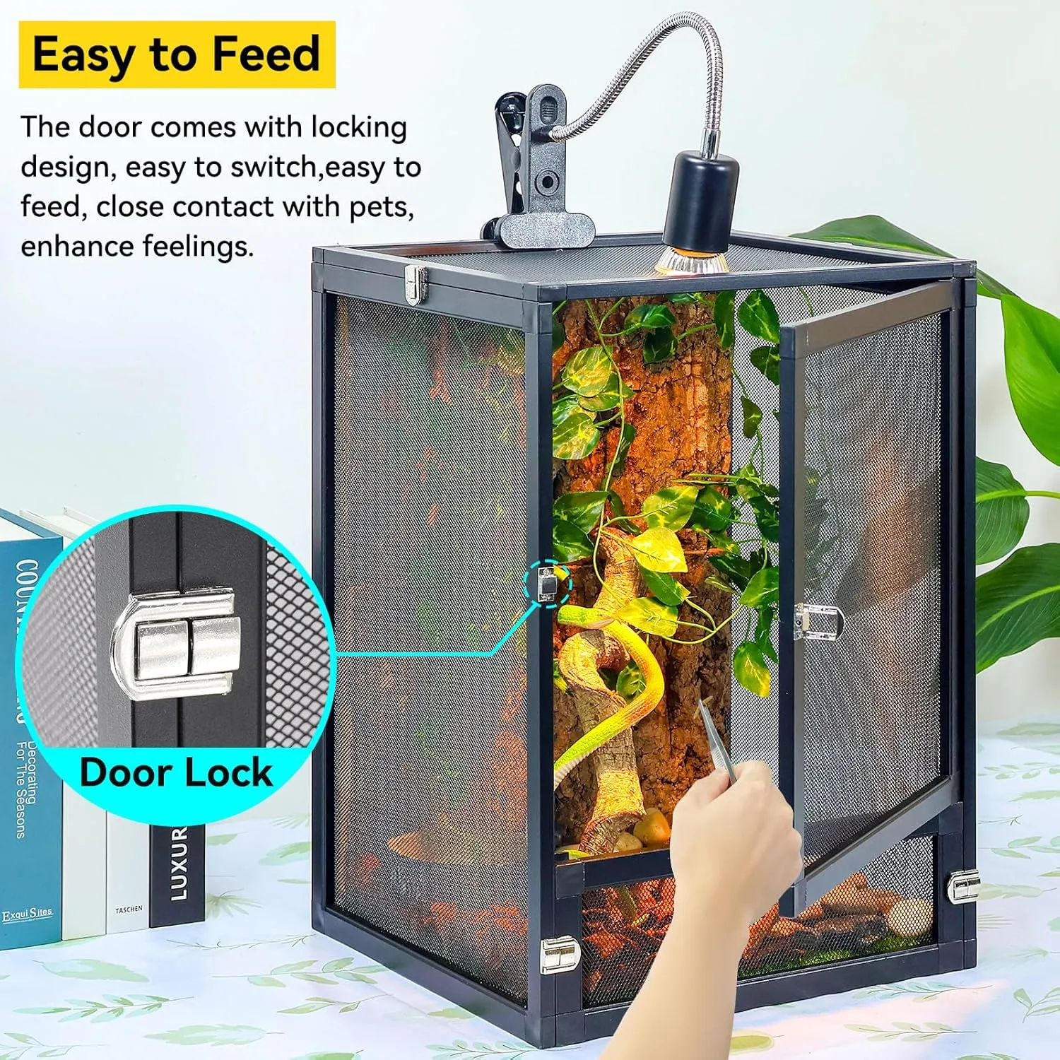 13 Gallon 360 Panoramic Foldable Reptile Terrarium Kit: Crested Gecko Tank and Reptile Cage for Superior Ventilation, Easy Feeding, Sturdiness, and Simple Assembly (Black, 18"x13"x13")