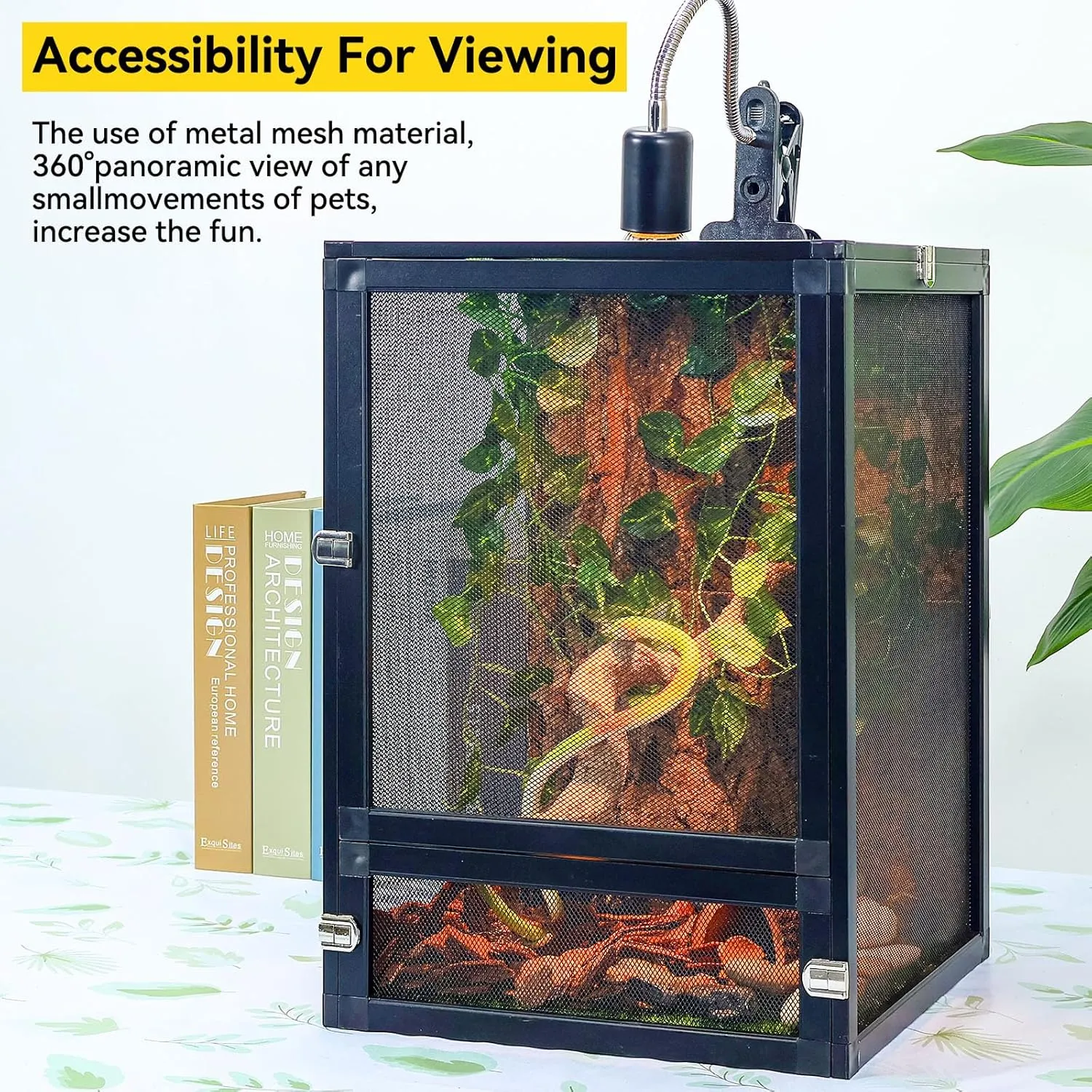 13 Gallon 360 Panoramic Foldable Reptile Terrarium Kit: Crested Gecko Tank and Reptile Cage for Superior Ventilation, Easy Feeding, Sturdiness, and Simple Assembly (Black, 18"x13"x13")