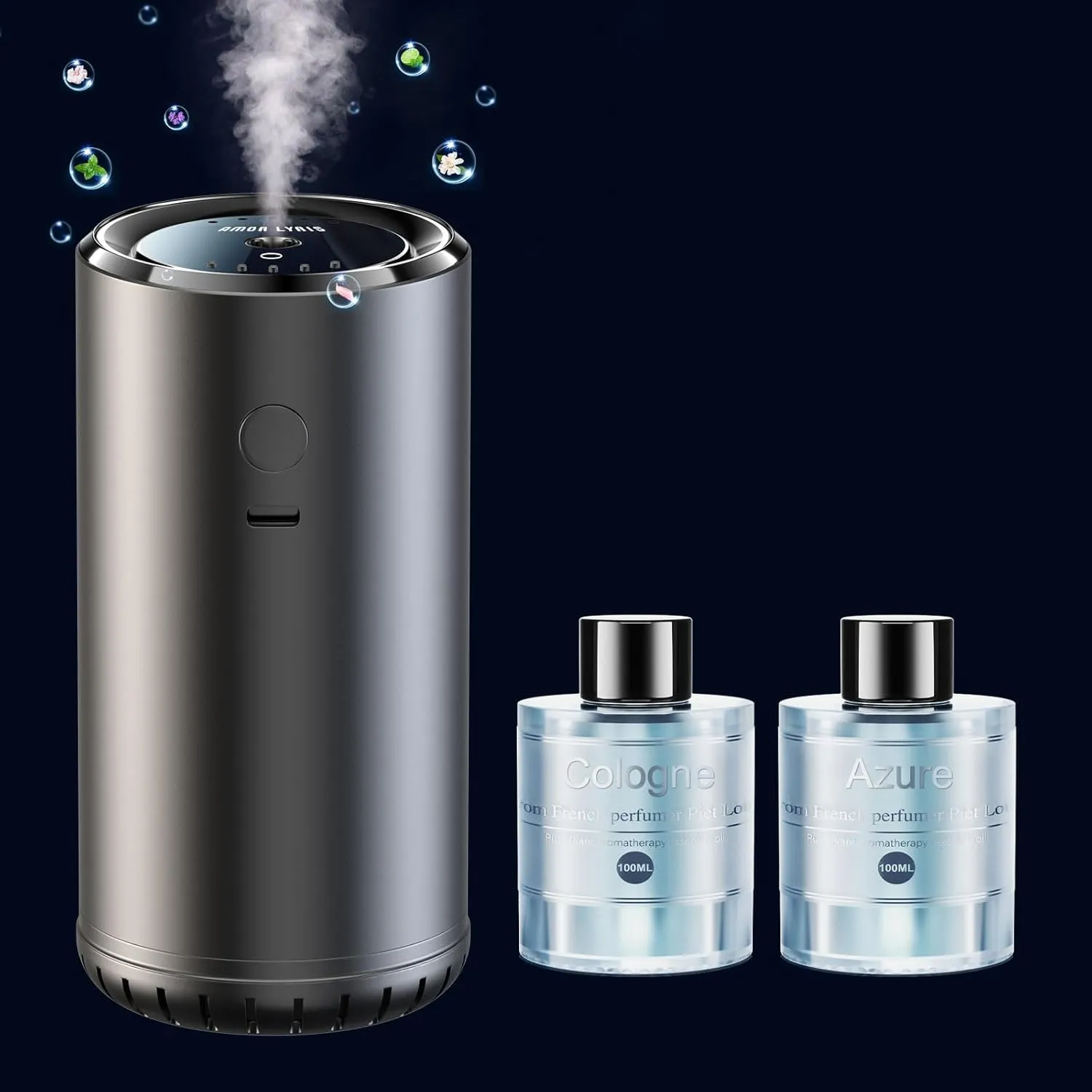 1pc Cologne Smart Car Air Freshener with Cologne Essential Oils Set and 1pc 3.5OZ Azure Car Air Fresheners Refill, Ultrasonic Mist, 5 Adjustable Spray for 30 Seconds, Auto On/Off, Powerful Battery