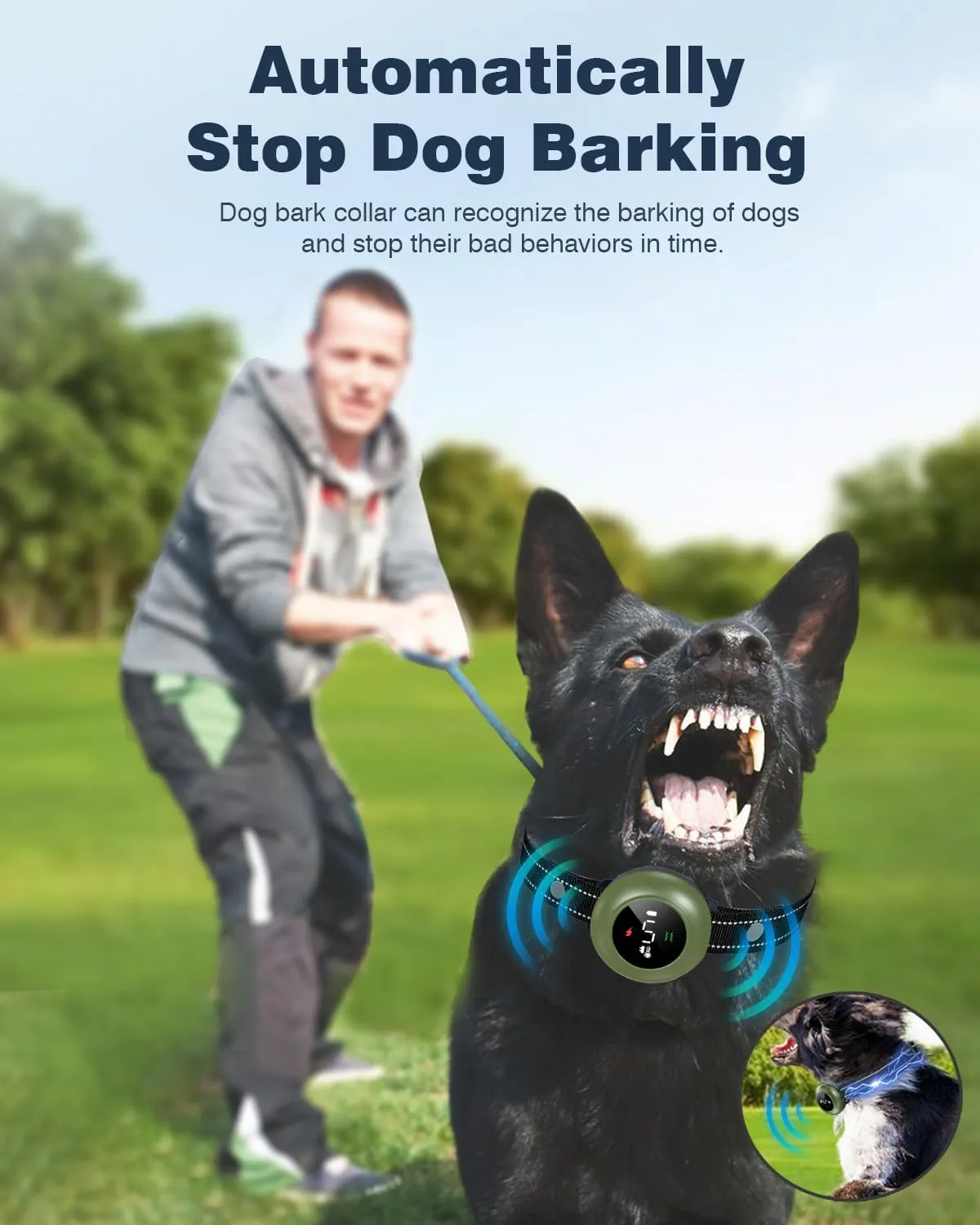 2-in-1 Dog Shock Collar & Dog Bark Collar - Smart Anti Barking Dog Training Collar with 5 Adjustable Sensitivity & 3300FT Remote for All Breeds IP67 Waterproof Rechargeable E-Collar (Green)