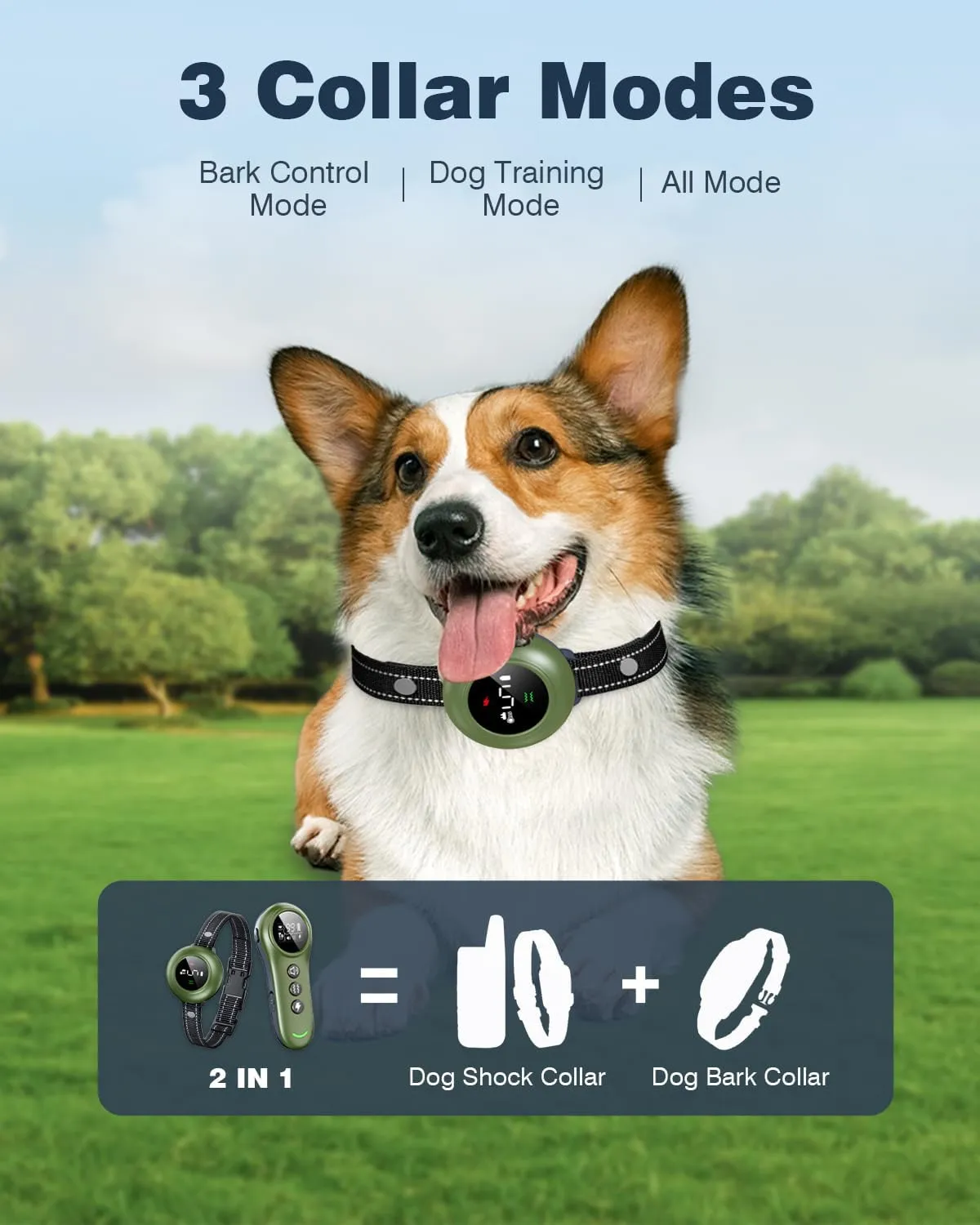 2-in-1 Dog Shock Collar & Dog Bark Collar - Smart Anti Barking Dog Training Collar with 5 Adjustable Sensitivity & 3300FT Remote for All Breeds IP67 Waterproof Rechargeable E-Collar (Green)