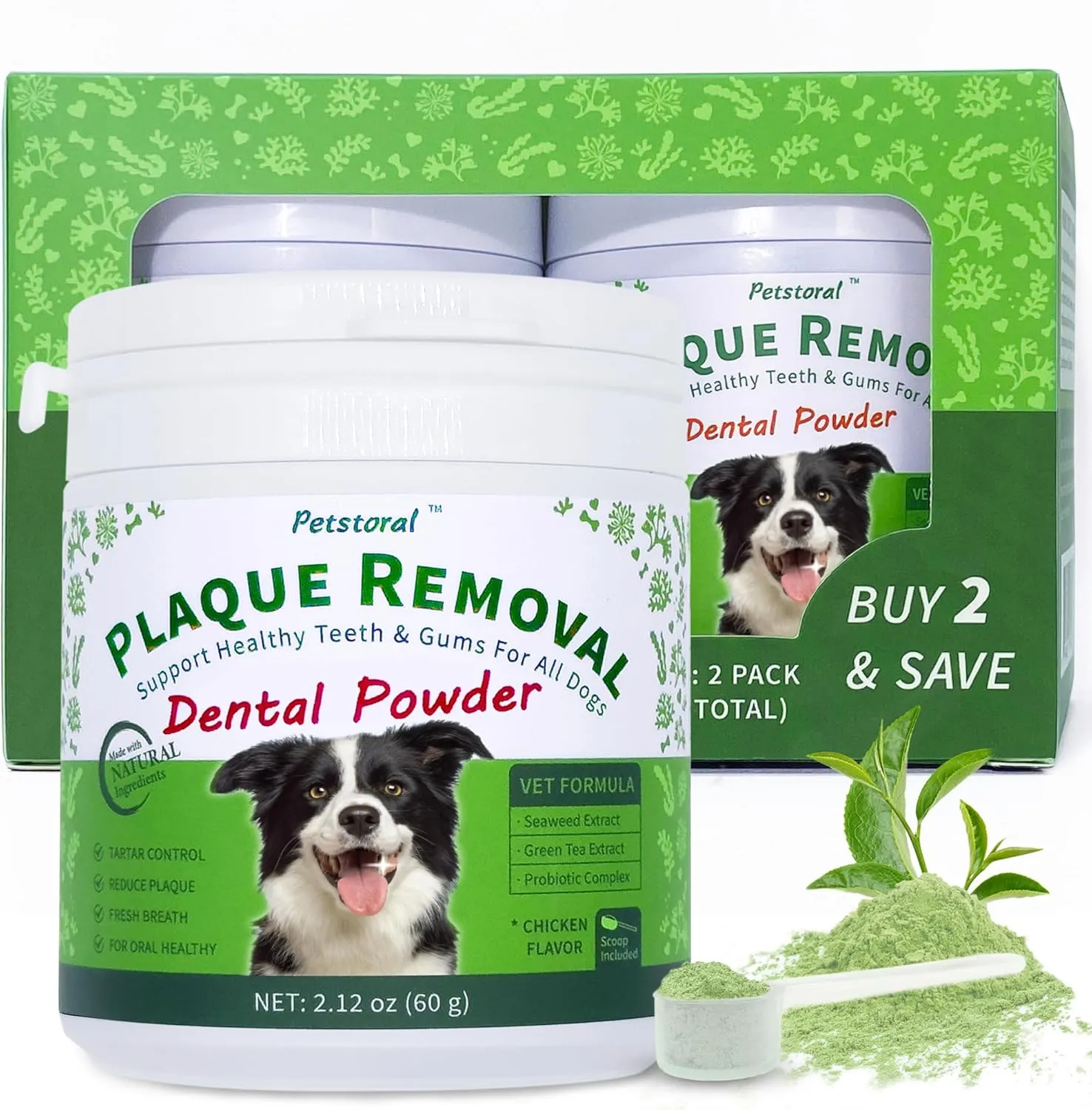 2-Pack Plaque Removal Natural Dental Powder, Dog Dental Care and Bad Breath Treatment, Dog Teeth Cleaning Powder for Healthy Teeth & Gums for All Dogs