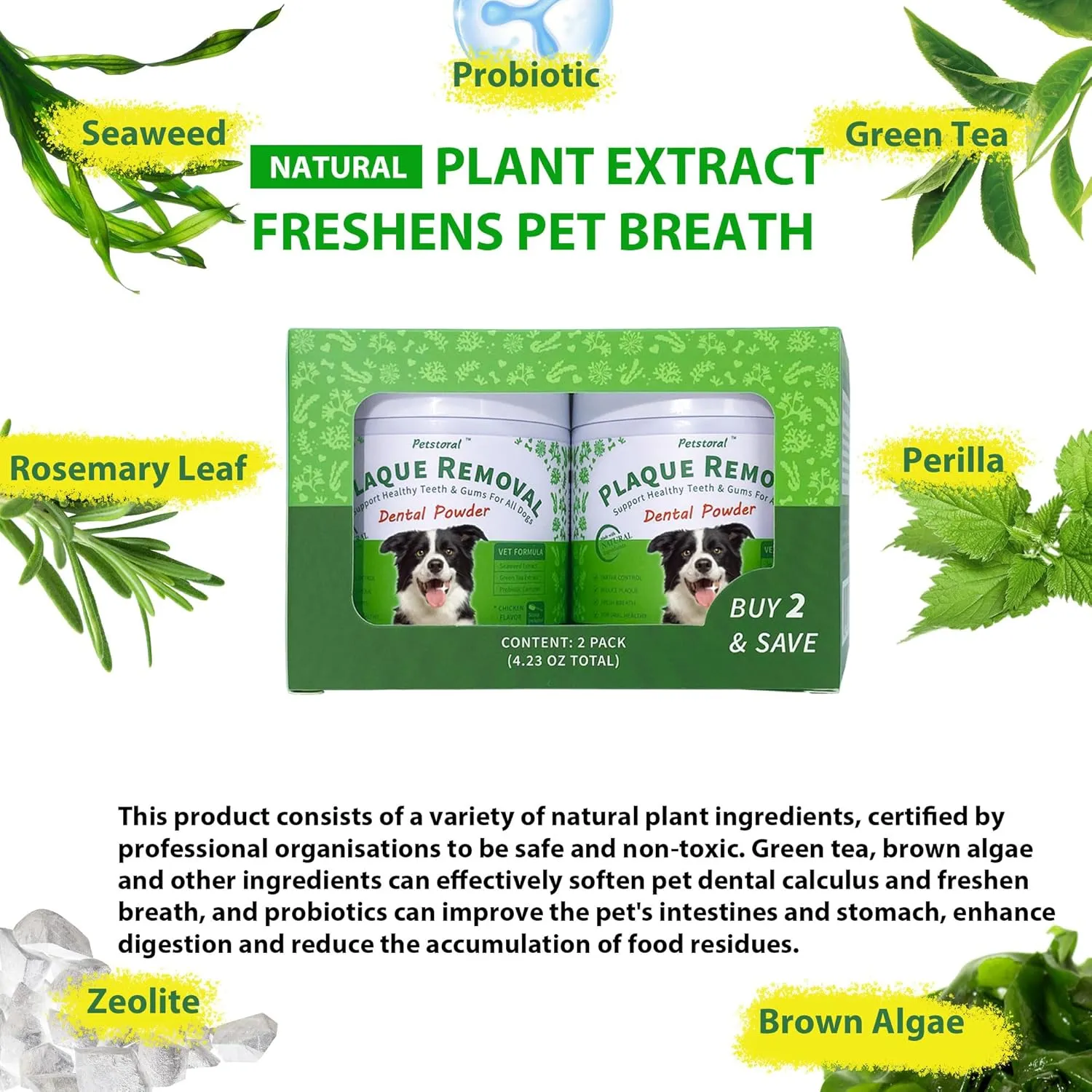 2-Pack Plaque Removal Natural Dental Powder, Dog Dental Care and Bad Breath Treatment, Dog Teeth Cleaning Powder for Healthy Teeth & Gums for All Dogs