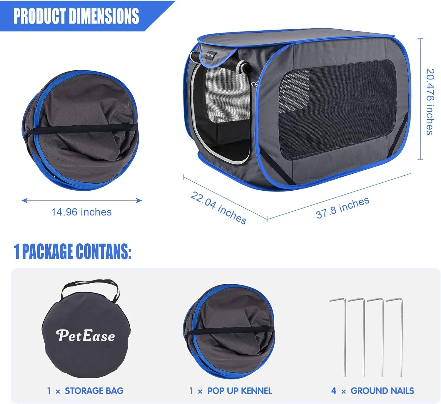 38inches Large Pop Up Kennel,Collapsible Travel Pet Crate, Indoor and Outdoor Portable Dog Enclosure, Portable Pet Car Seat Kennel (Gray)