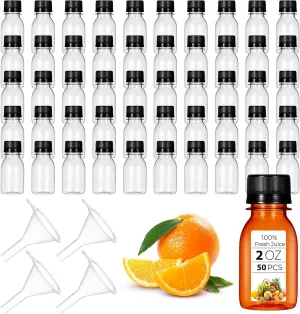 50 Pcs 2oz Plastic Bottles for Liquids, Mini Plastic Bottles with Lids juice bottles with caps with Scale and 4 Pcs Funnels for Juice Ginger Sauce Bulk Portable Travel