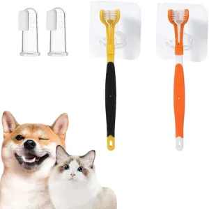 6 Pcs Dog Toothbrush Set: Triple Head & Pet Finger Toothbrush, Black & White, Manual, Suitable for Cats & Dogs