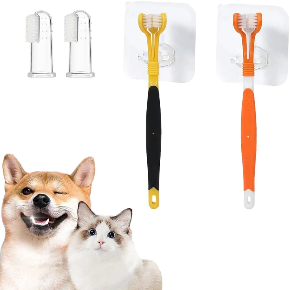 6 Pcs Dog Toothbrush Set: Triple Head & Pet Finger Toothbrush, Black & White, Manual, Suitable for Cats & Dogs