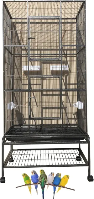 70" Extra Large Bird Parrot Flight Breeder Cage Side Breeding Nest Box Door Double Feeder Cups Easy Pull Out Metal Grate and Washable Tray with Removable Rolling Stand