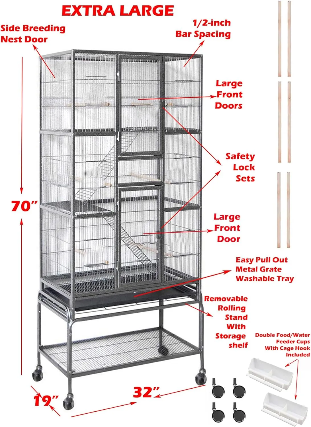 70" Extra Large Bird Parrot Flight Breeder Cage Side Breeding Nest Box Door Double Feeder Cups Easy Pull Out Metal Grate and Washable Tray with Removable Rolling Stand