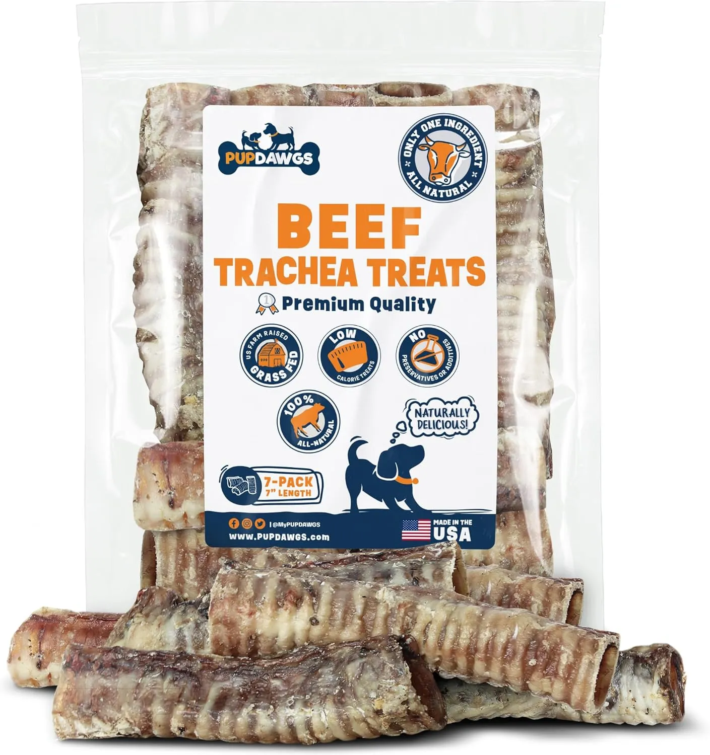 7" Beef Trachea Dog Training Treats | Dental Chews for Dogs | All Natural Dog Treats Made in USA | Beef Esophagus Low Calorie Dog Treats for Joint Health Support (7 Inch Tracheas - 7 Pack)