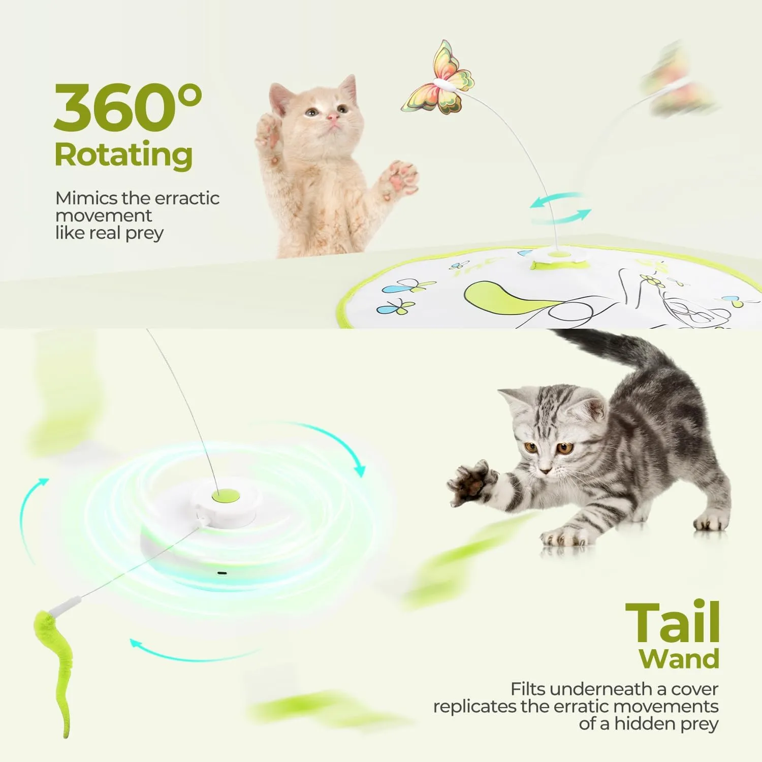 ALL FOR PAWS Interactive Cat Toy,3 in 1 Hide and Seek Cat Wand Toy, Fluttering Butterfly Cat Toy, Cat Toys Interactive for Indoor Cats, Kitten Supplies