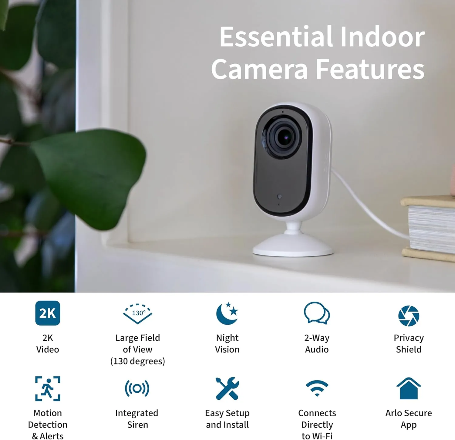 Arlo Essential Security Camera 2K | Indoor Only| 2nd Gen | Baby Monitor & Pet Camera | Wired Automated Privacy Shield, 2-Way Audio, Night Vision, Live Stream, Motion Alerts & Notifications White,1 Cam