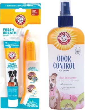 Arm & Hammer Dog Care Bundle | Fresh Breath Enzymatic Dental Kit with Toothbrush & Chicken Toothpaste (2.5 oz)   Super Deodorizing Spray for Dogs, Kiwi Blossom Scent (8 oz)