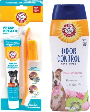 Arm & Hammer Fresh Breath Dog Dental Care Kit with Toothbrush & Chicken Toothpaste (2.5 oz)   Deodorizing Dog Shampoo for Smelly Dogs, Kiwi Blossom Scent, Tearless Formula (20 oz)