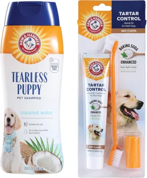 Arm & Hammer Tartar Control Dental Kit & Tearless Puppy Shampoo Bundle for Dogs | 3-Piece Oral Care Set with Beef Flavor Toothpaste   Gentle Coconut Water Scent Shampoo, 20 oz