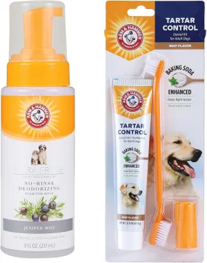 Arm & Hammer Tartar Control Dental Kit & Ultra Fresh Waterless Dog Shampoo Foam Bundle | 3-Piece Beef Flavor Oral Care Set   No-Rinse Juniper Mist Deodorizing Foam, 8 oz