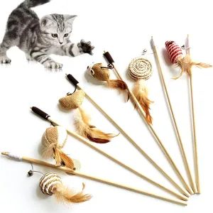 Artshu 6pcs 40cm Feather Linen Wand Cat Catcher Teaser Stick Interactive Toys Wood Rod Mouse Toy with Mini Bell
