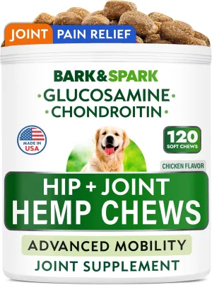 Bark&Spark Advanced Hemp Chews for Dog Joint Pain Relief - Glucosamine Chondroitin Hemp Treats Hip Joint Health - Joint Supplement Large Breed & Small - Hemp Treats Joints Old Senior Dog (120Ct)