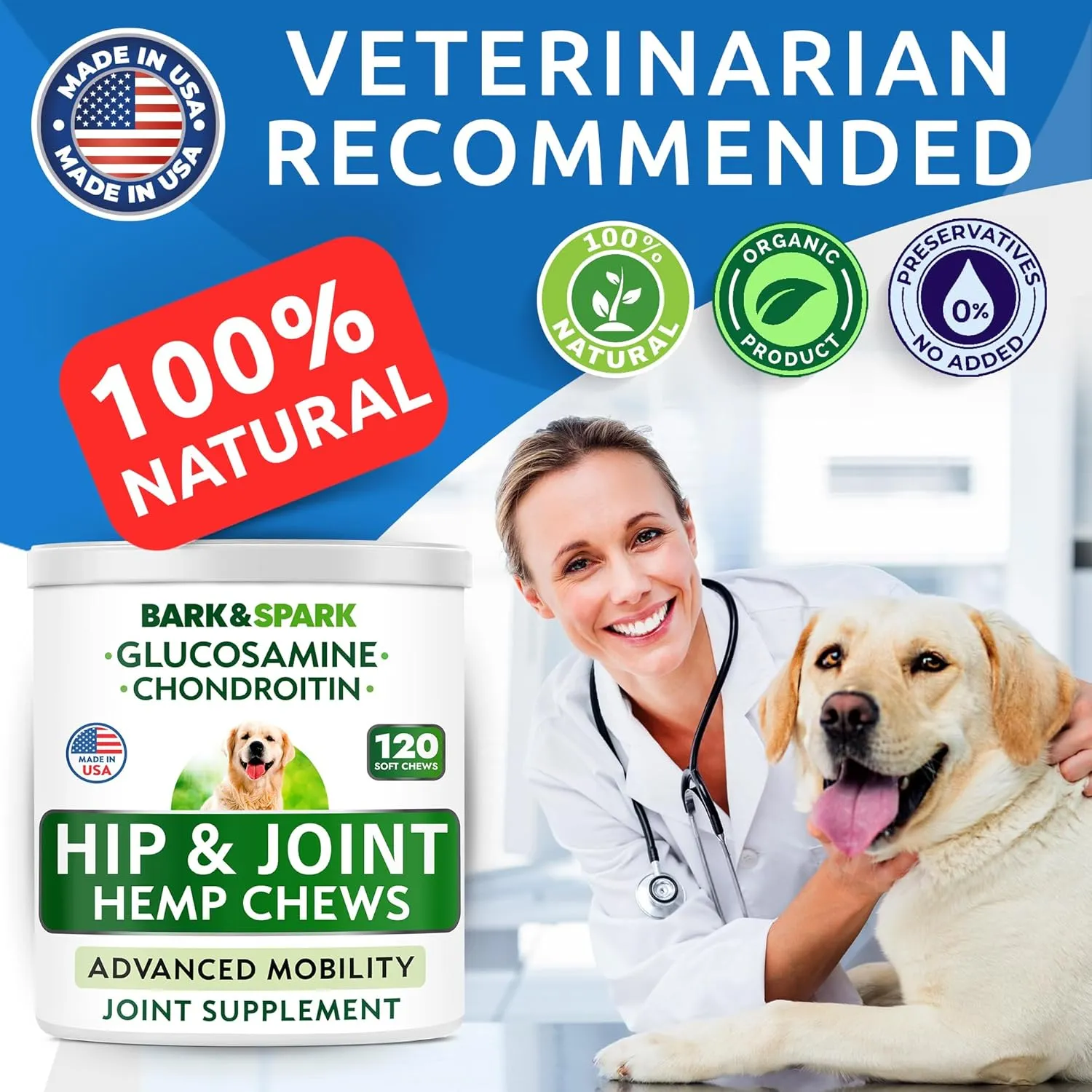 Bark&Spark Advanced Hemp Chews for Dog Joint Pain Relief - Glucosamine Chondroitin Hemp Treats Hip Joint Health - Joint Supplement Large Breed & Small - Hemp Treats Joints Old Senior Dog (120Ct)