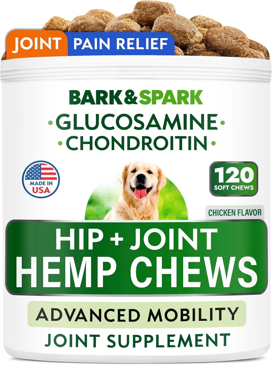 Bark&Spark Advanced Hemp Chews for Dog Joint Pain Relief - Glucosamine Chondroitin Hemp Treats Hip Joint Health - Joint Supplement Large Breed & Small - Hemp Treats Joints Old Senior Dog (120Ct)
