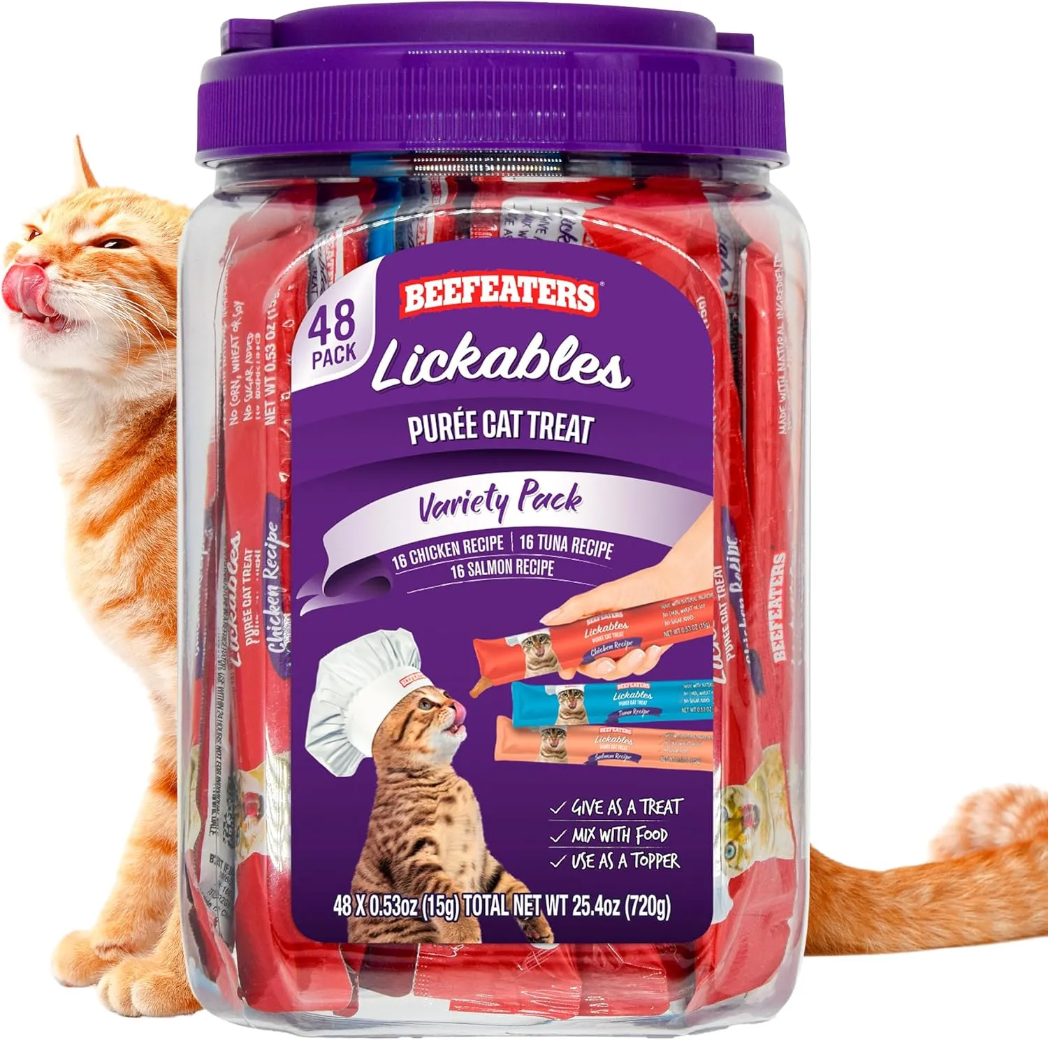 Beefeaters Cat Treats Variety Pack Lickable Puree 48ct  Salmon, Tuna & Chicken, Grain-Free, Taurine-Enriched, Ideal for Training & Interactive Feeding