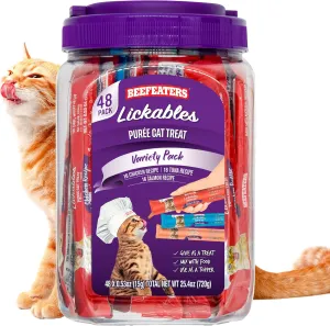 Beefeaters Cat Treats Variety Pack Lickable Puree 48ct  Salmon, Tuna & Chicken, Grain-Free, Taurine-Enriched, Ideal for Training & Interactive Feeding