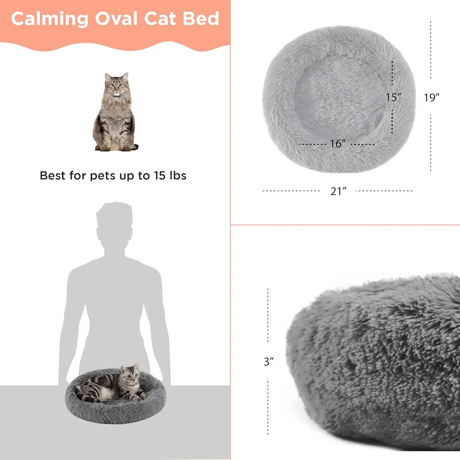 Best Friends by Sheri Calming Oval Cat Bed Pad, Shag, Grey Faux Fur, 21" x 19"