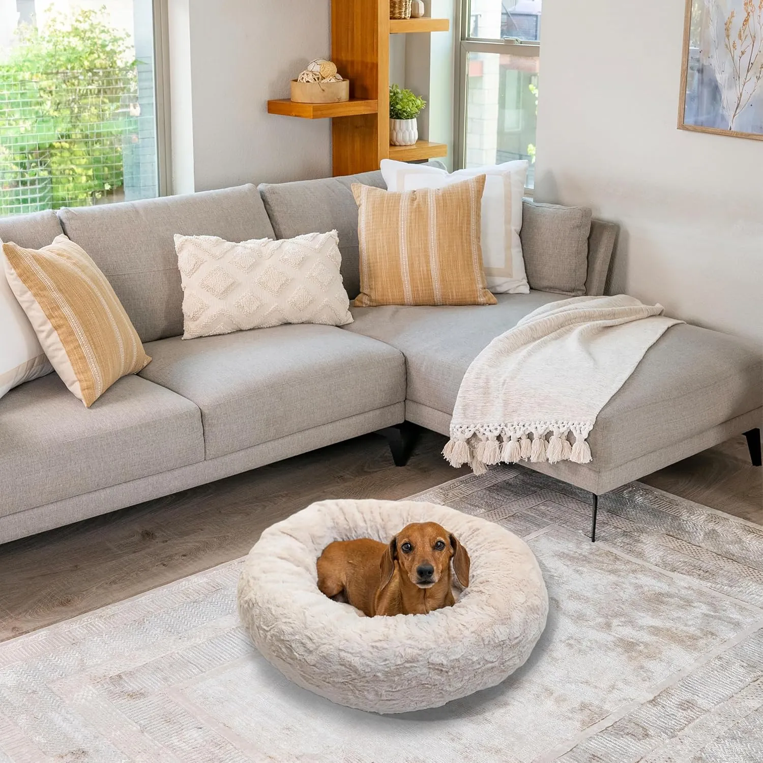 Best Friends by Sheri Original Calming Donut Dog and Cat Bed, Lux Faux Fur, Oyster, Small (23x23) - Helps Provide Anxiety Relief for Pets