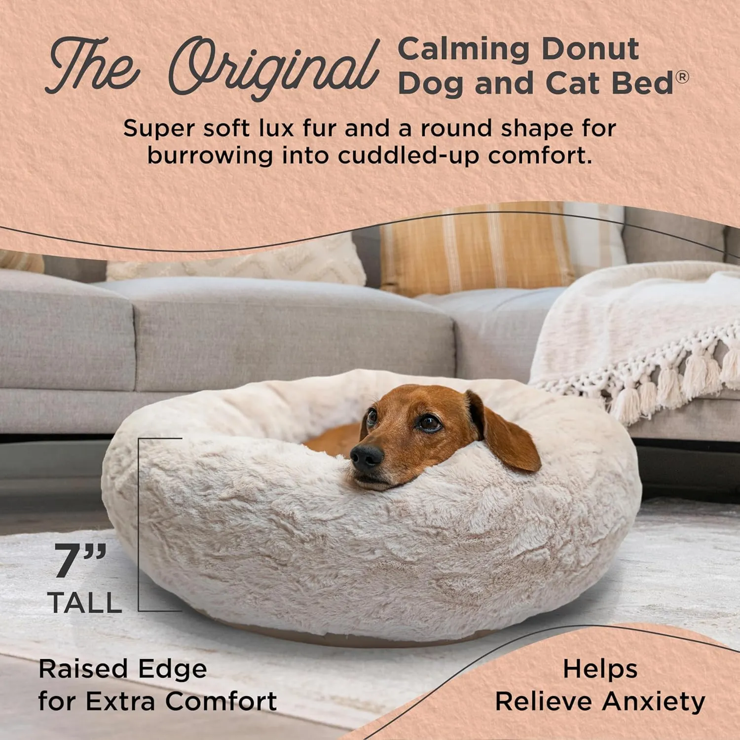 Best Friends by Sheri Original Calming Donut Dog and Cat Bed, Lux Faux Fur, Oyster, Small (23x23) - Helps Provide Anxiety Relief for Pets
