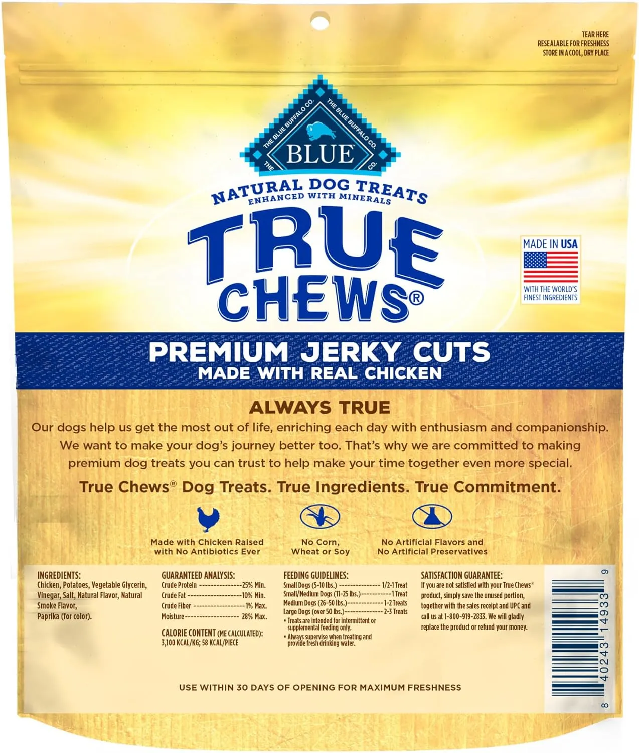 Blue Buffalo True Chews Premium Jerky Cuts Dog Treats with Natural Ingredients Chicken