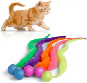 Bouncy Ball with Tail Cat Toys,5 Packs Magic Worm with Ball Toy for Cats,Fuzzy Worm Bouncy Balls Cat Toy