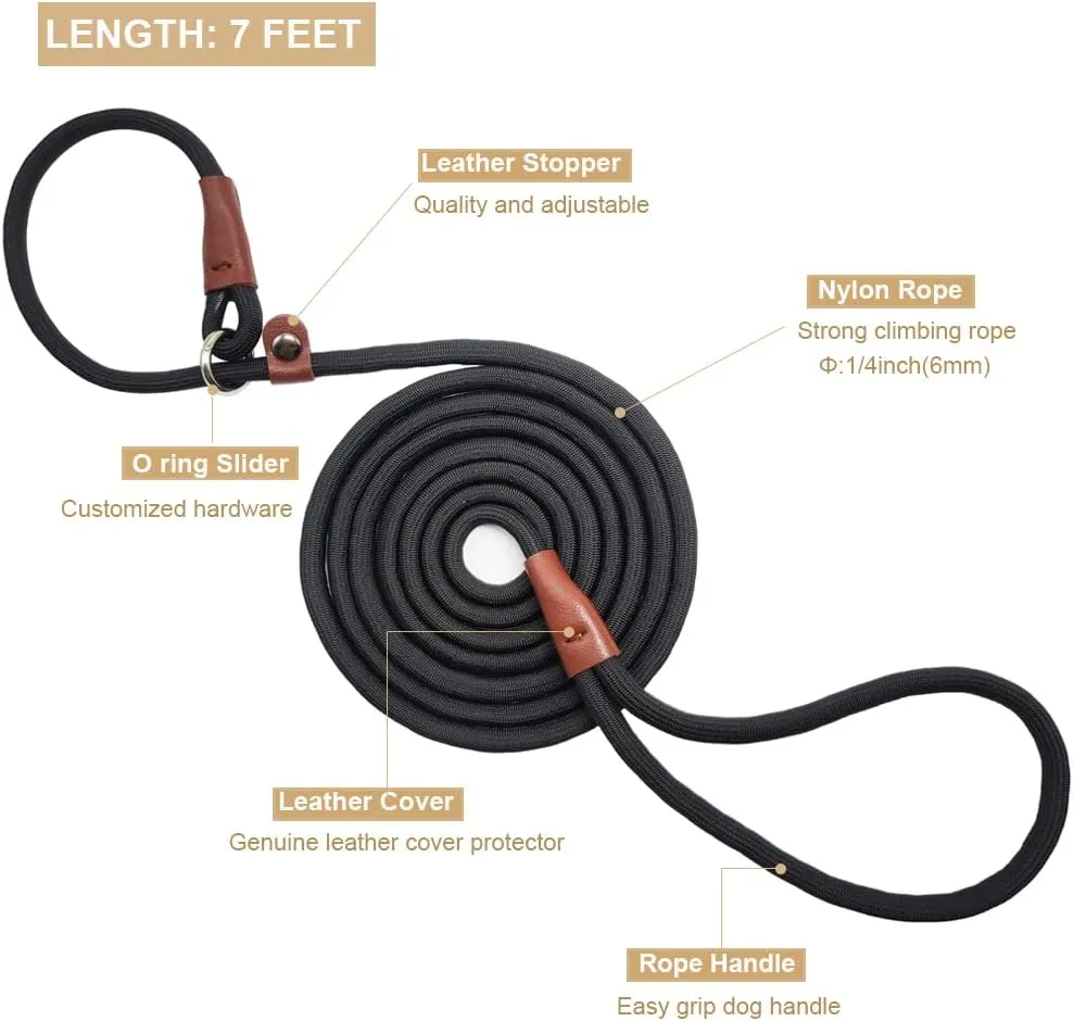 BTINESFUL 7ft Slip Lead Dog Leash, Strong Nylon Rope Leash, 1/4" Dog Training Lead for Small Medium Dogs, 14  Colors (1/4" * 7 FT, Black)