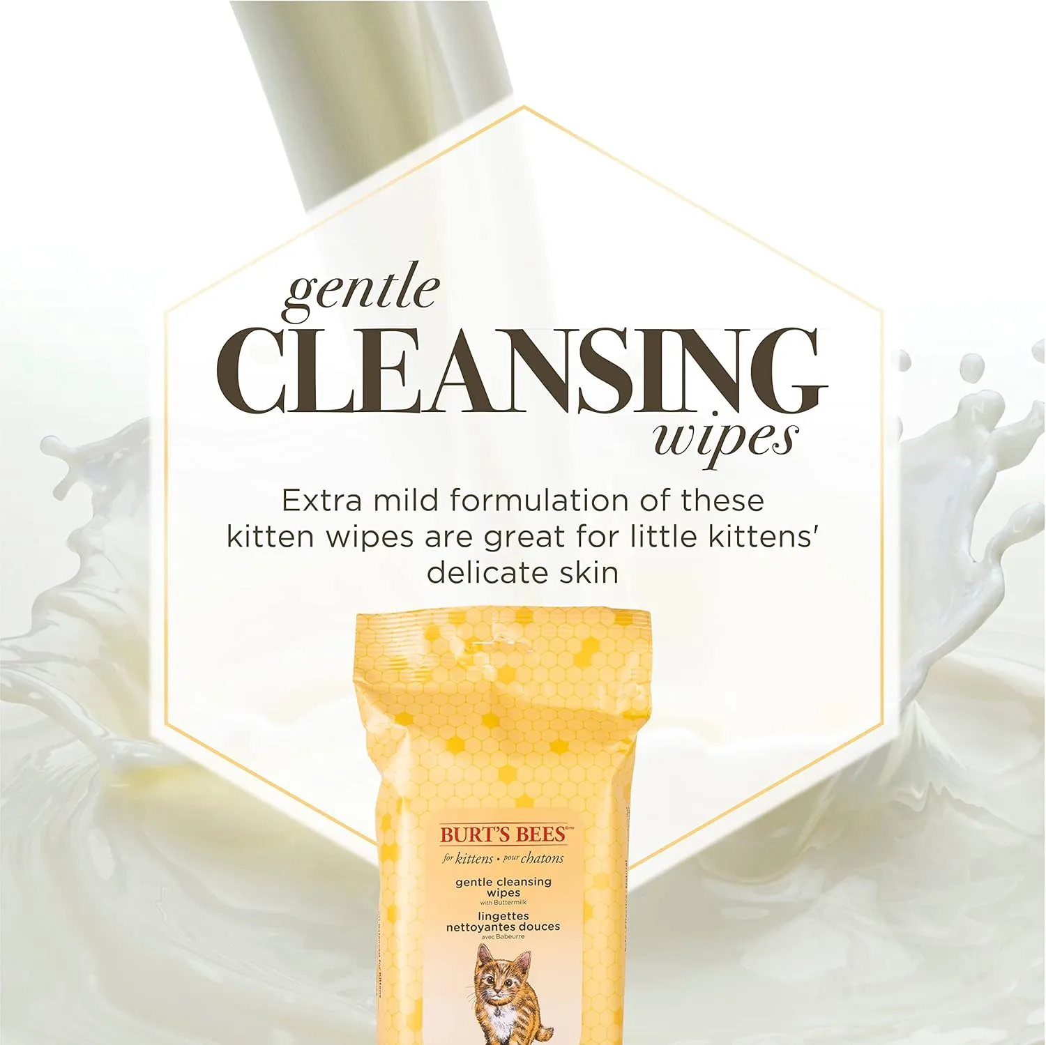 Burt's Bees for Pets Kitten Wipes with Buttermilk, 98% Natural Origin Formulas, Cat Wipes, Cat Grooming Supplies, Cat Cleaning Wipes, Waterless Cat Grooming, 50ct