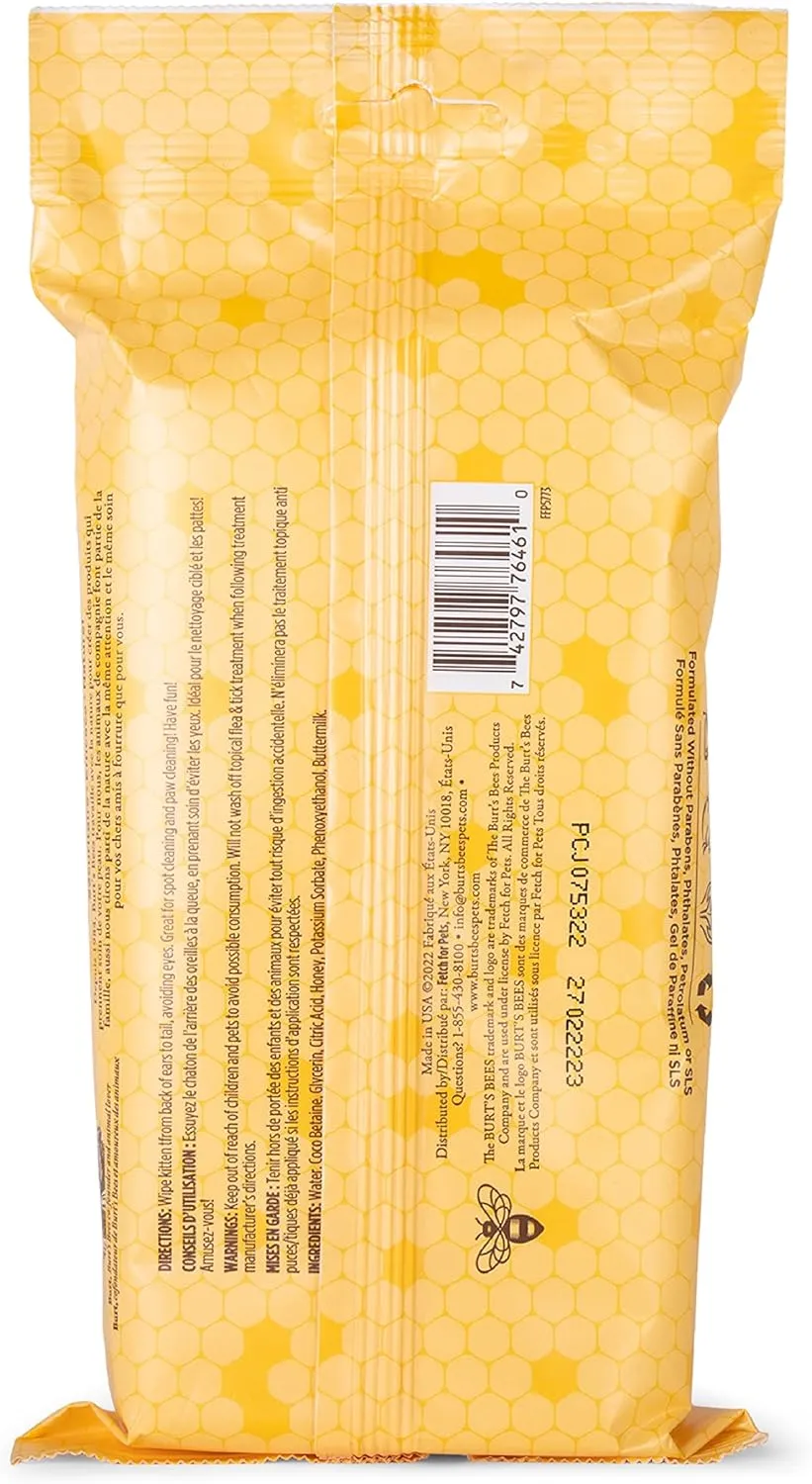 Burt's Bees for Pets Kitten Wipes with Buttermilk, 98% Natural Origin Formulas, Cat Wipes, Cat Grooming Supplies, Cat Cleaning Wipes, Waterless Cat Grooming, 50ct