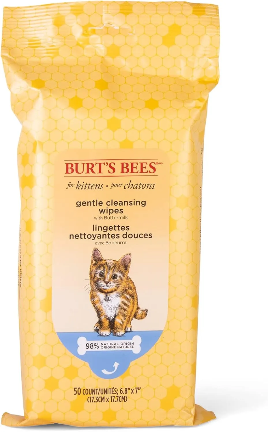 Burt's Bees for Pets Kitten Wipes with Buttermilk, 98% Natural Origin Formulas, Cat Wipes, Cat Grooming Supplies, Cat Cleaning Wipes, Waterless Cat Grooming, 50ct