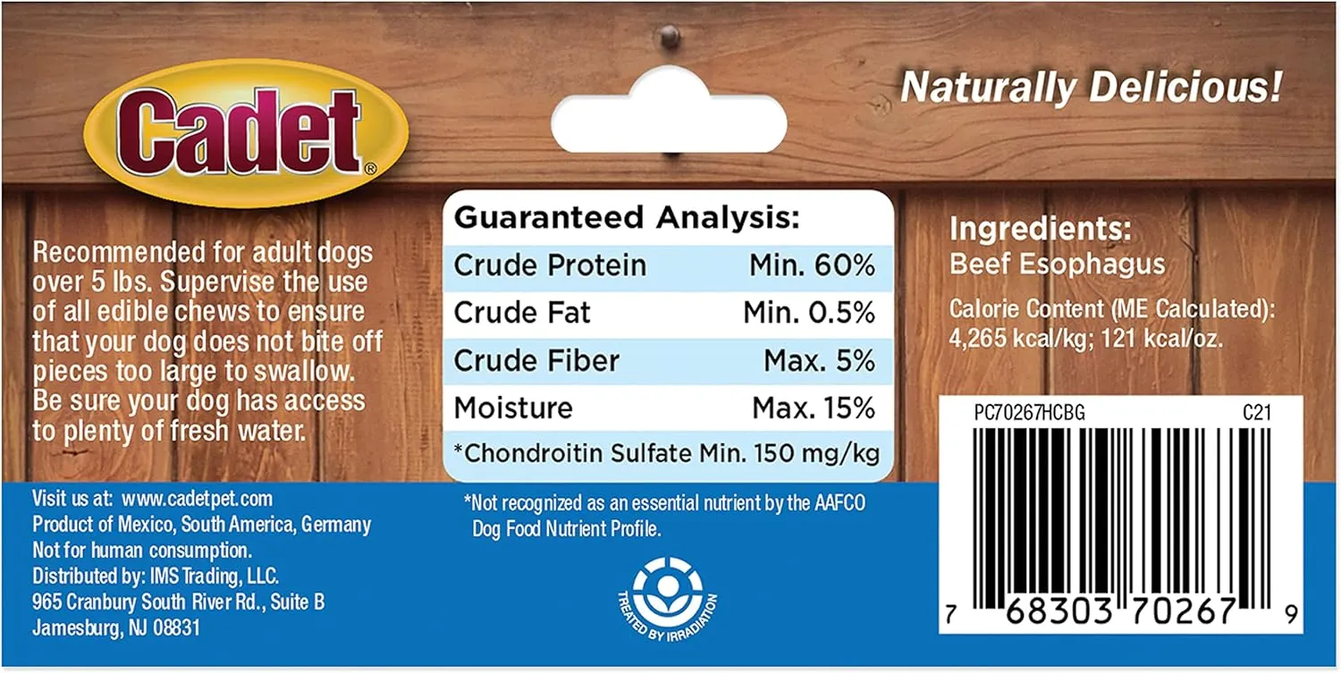Cadet Slim Cut 100% Beef Strips Dog Treats - Long-Lasting, Healthy, & Natural Beef Esophagus Treats for Small & Large Dogs - Low Calorie & High Protein Dog Chews, Medium (2.8 oz.) (Pack of 4)