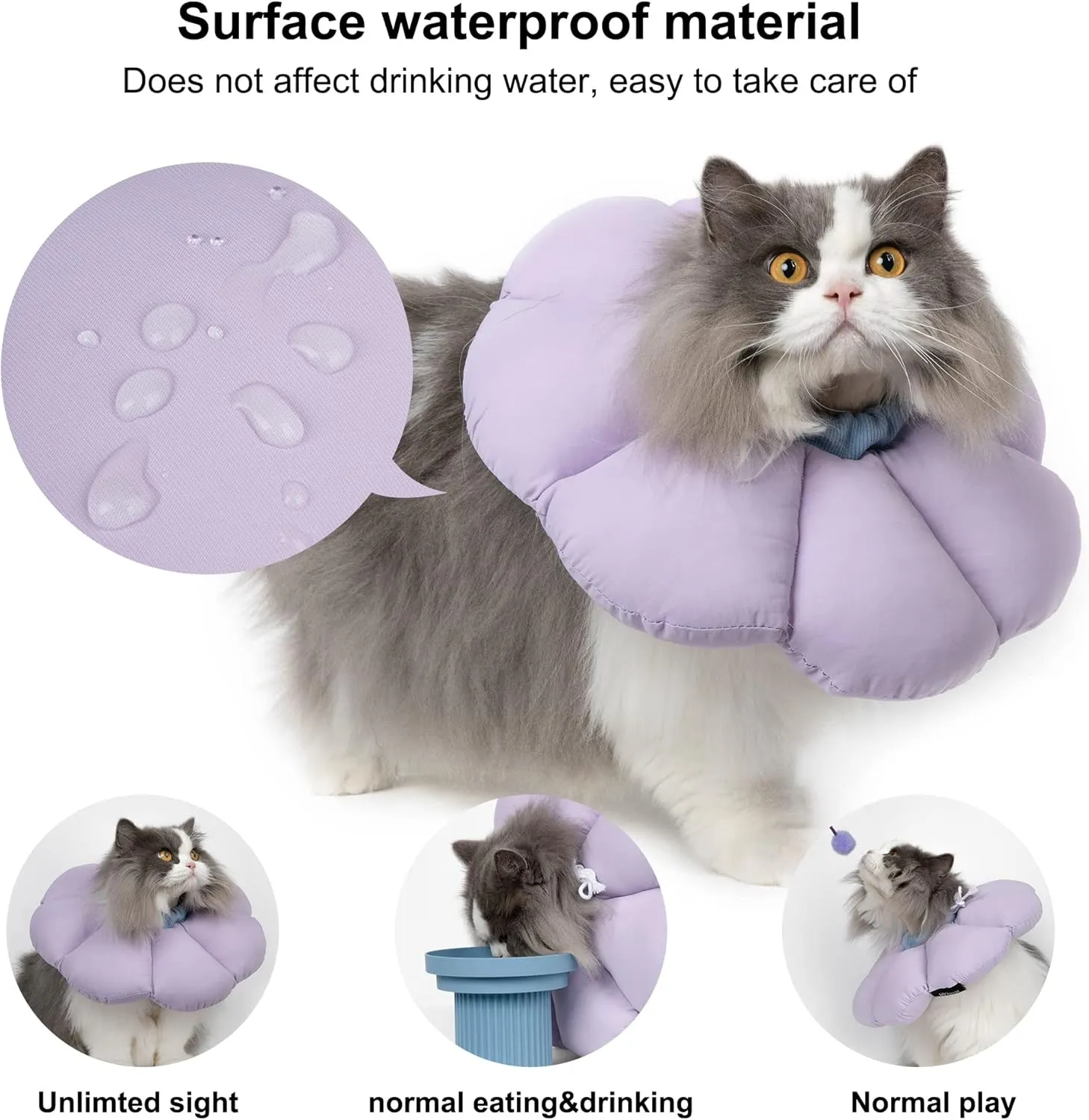 Cat Cone Collar,Cute Waterproof Cat Recovery Collar,Anti-Bite Lick Wound Healing Safety Elizabethan e Collar for Cats,Purple Flower All-Season Style