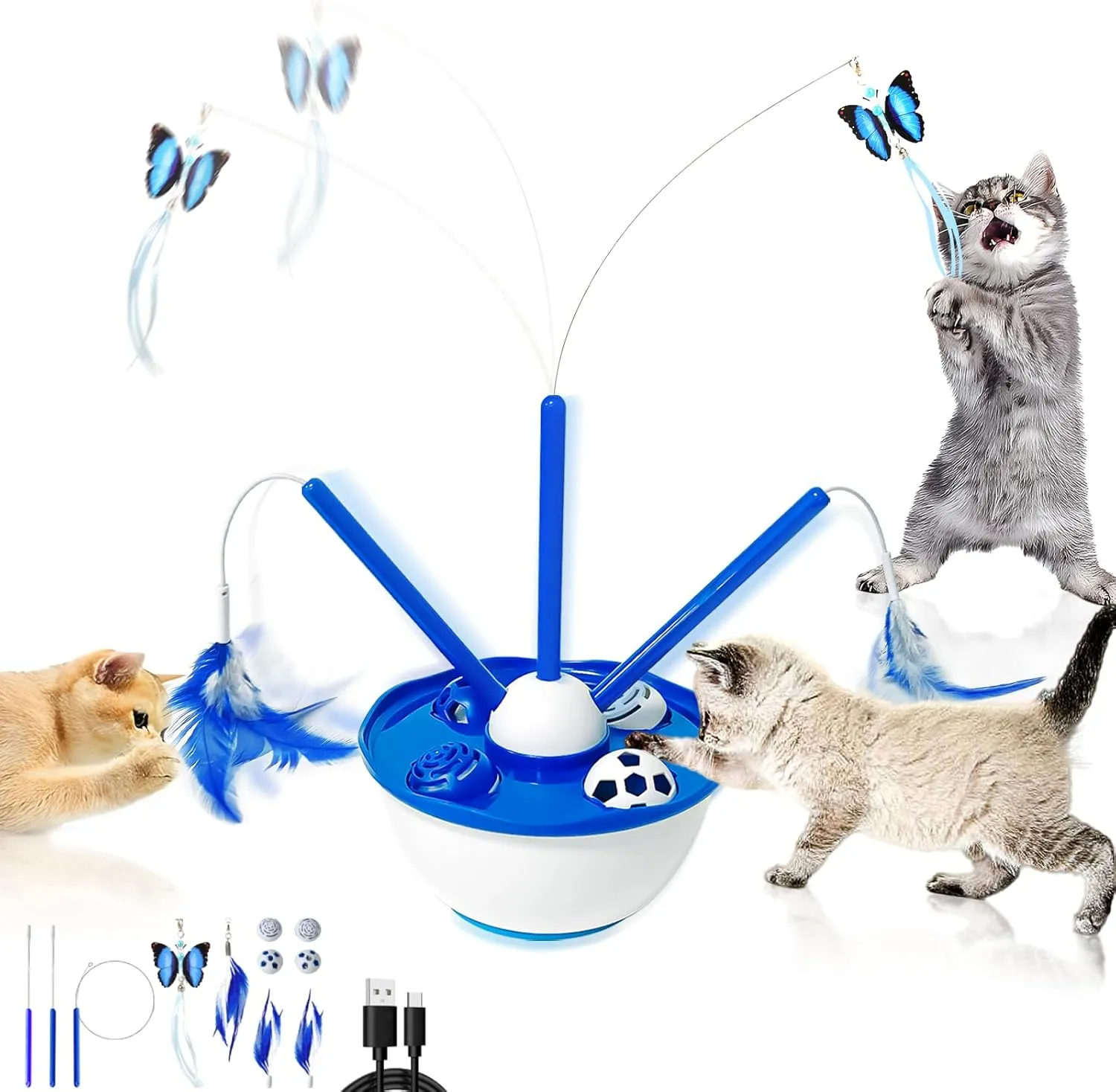 Cat Toys 4 in 1 Automatic Interactive Kitten Toy, Fluttering Butterfly, Moving Feathers, Bell Balls, USB Powered, Cat Exercise Toy Self Play for Bored Indoor Adult Cats