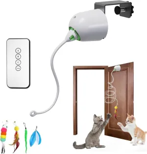 Cat Toys Interactive for Indoor, Cats Toy Hanging Door Electric for Bored, Feather Toy Kitten Rechargeable Door Hanging Automatic String with 4pcs Feather Toys, White