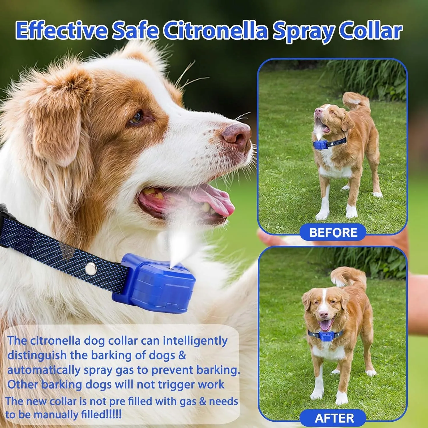 Citronella Bark Collar for Dogs, [No Spray Refill] Spray Dog Training Collar, Humane Citronella Dog Barking Collars, Safer Anti Barking Control Spray Collar for L/M/S Dogs Blue