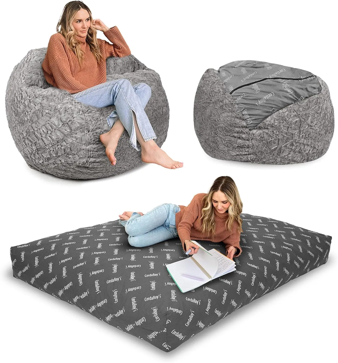 CordaRoy's Faux Fur Bean Bag-Convertible Bean Bag Chair & Bed-Machine-Washable Faux Fur Fabric Cover for Basement, Living Room, Game Room, Dorm & More - Queen Size - Grey | Made in The USA