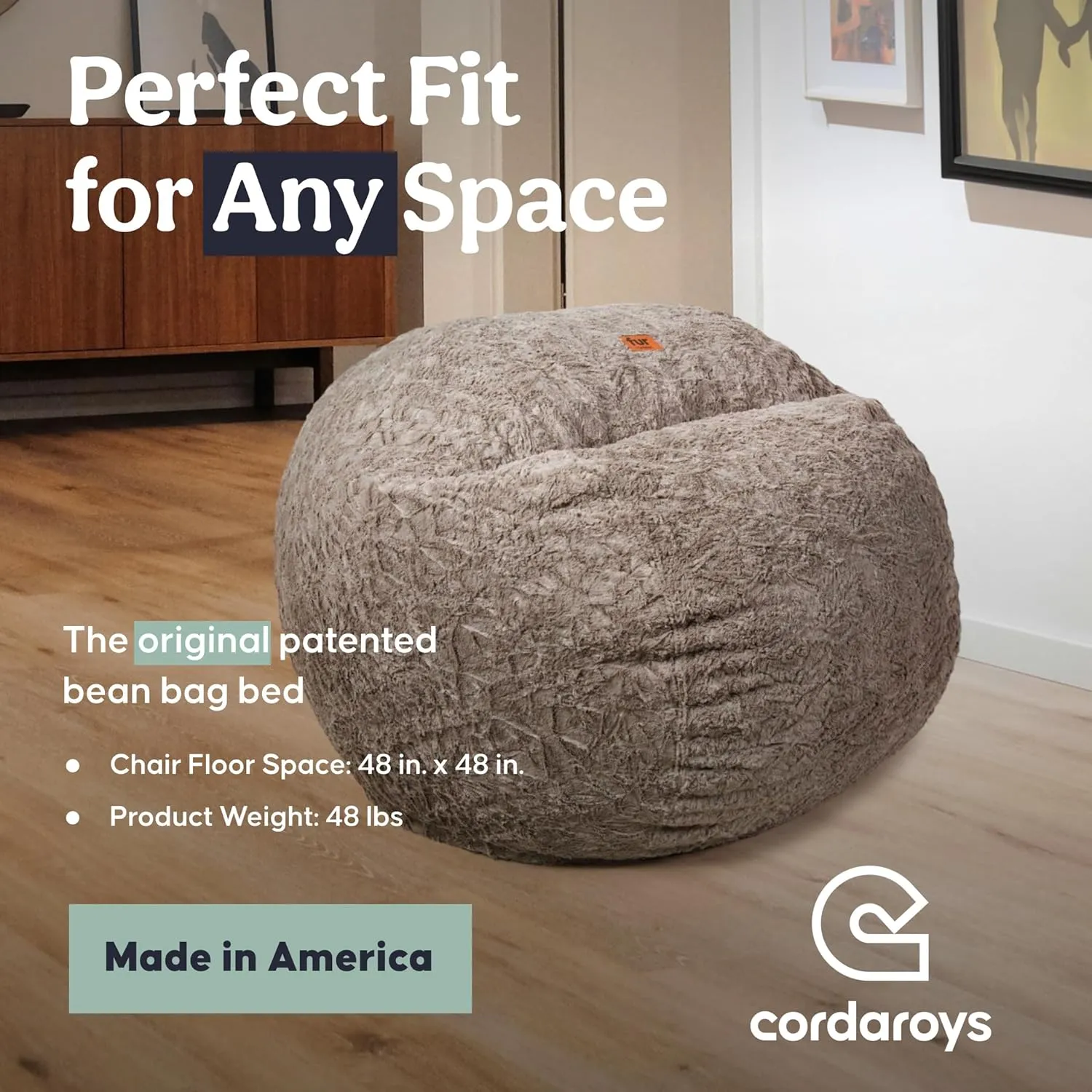 CordaRoy's Faux Fur Bean Bag-Convertible Bean Bag Chair & Bed-Machine-Washable Faux Fur Fabric Cover for Basement, Living Room, Game Room, Dorm & More - Queen Size - Grey | Made in The USA