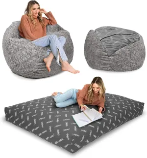 CordaRoy's Faux Fur Bean Bag-Convertible Bean Bag Chair & Bed-Machine-Washable Faux Fur Fabric Cover for Basement, Living Room, Game Room, Dorm & More - Queen Size - Grey | Made in The USA