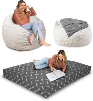 CordaRoy's Faux Fur Bean Bag-Convertible Bean Bag Chair & Bed-Machine-Washable Faux Fur Fabric Cover for Basement, Living Room, Game Room, Dorm & More - Queen Size - White | Made in The USA