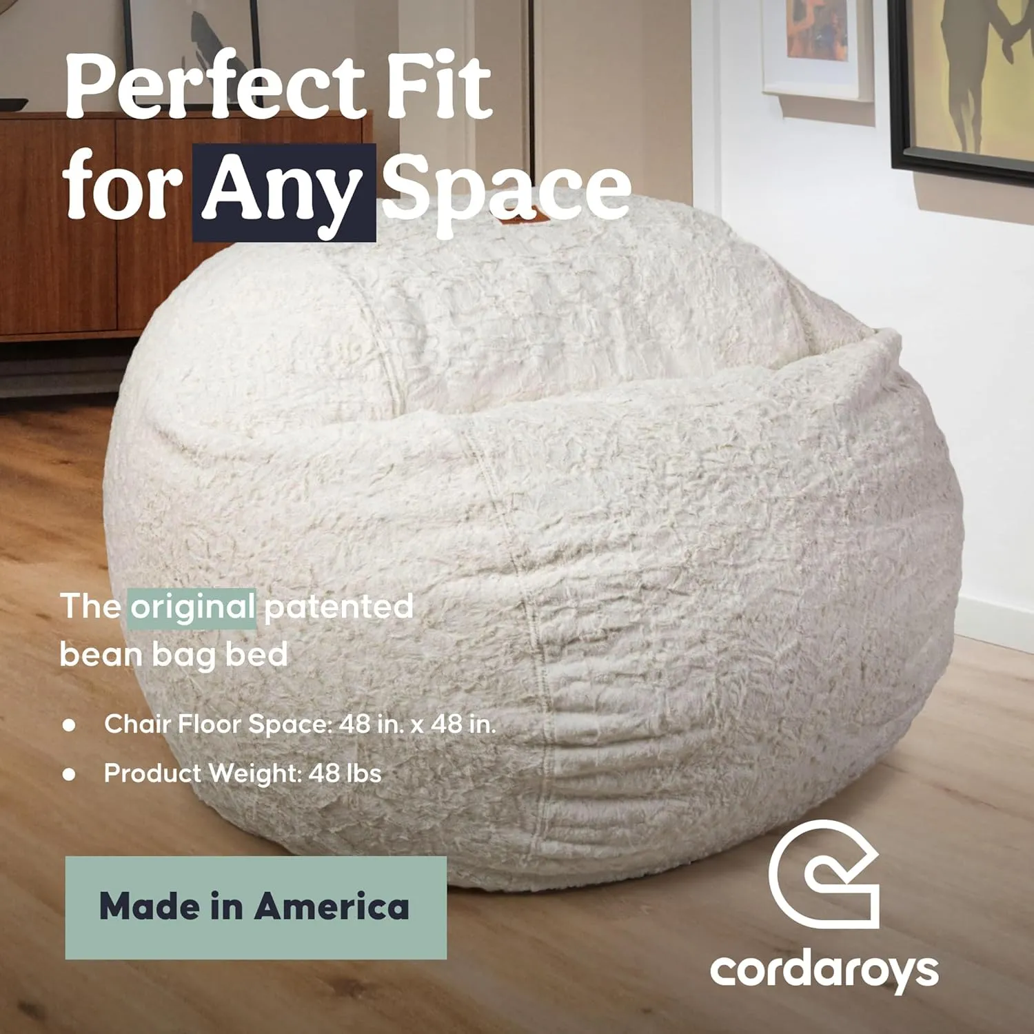 CordaRoy's Faux Fur Bean Bag-Convertible Bean Bag Chair & Bed-Machine-Washable Faux Fur Fabric Cover for Basement, Living Room, Game Room, Dorm & More - Queen Size - White | Made in The USA