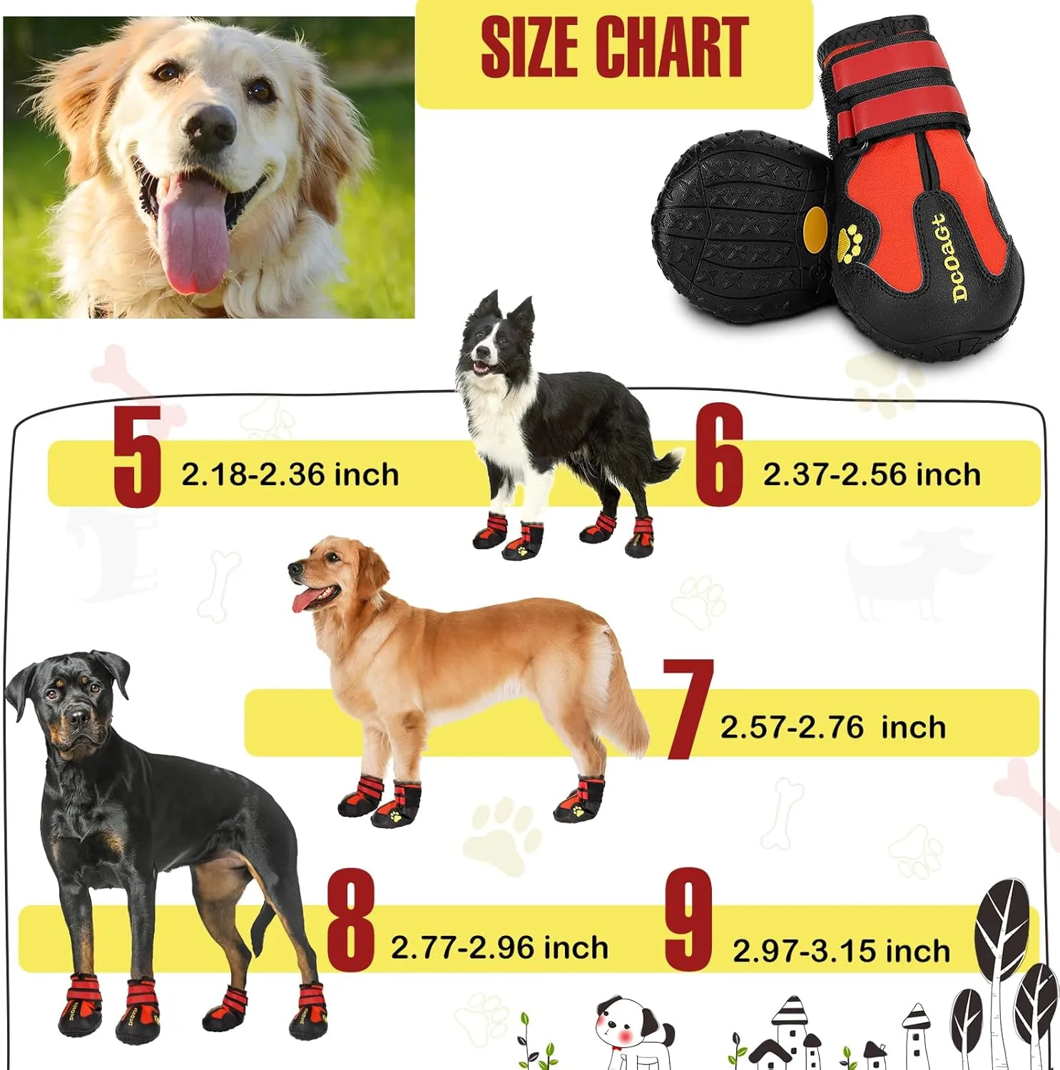 DcOaGt Dog Boots Waterproof Dog Shoes for Small Medium Large Puppy with Reflective Straps Anti-Slip Sole,Paw Protector Dog Booties for Hot Pavement Winter Snow Rain Hiking 4PCS Red