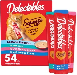 Delectables Squeeze Up Seafood Variety Pack, Creamy Squeezable Puree, Lickable Wet Cat Treats, Grain Free, No Added Fillers, No by-Products, No Added Preservatives, 0.5 Ounces Tube, 54 Tubes Total