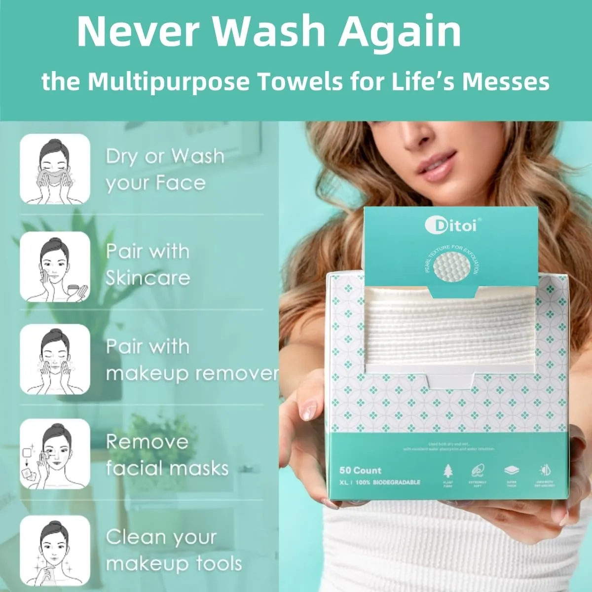 Disposable Face Towels,Ultra Thick Face Towelettes XL, Lint-Free Facial Wipes for Makeup Removal & Gentle Skin Care,50 Count, 10"12", Pearl-textured,Eco-Friendly