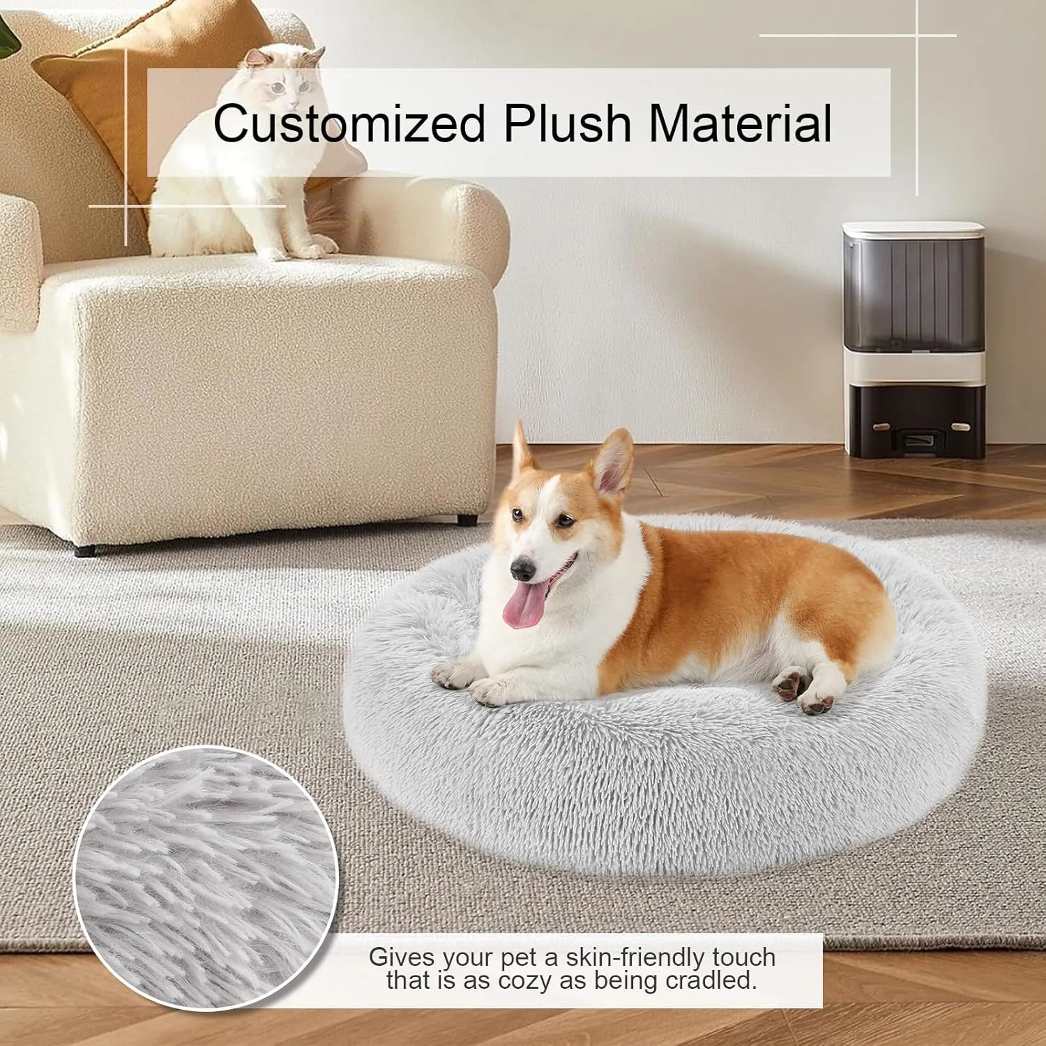 Dog Bed, Cat Calming Bed, Faux Fur Pillow Pet Donut Cuddler Round Plush Bed for Large Medium Small Dogs and Cats
